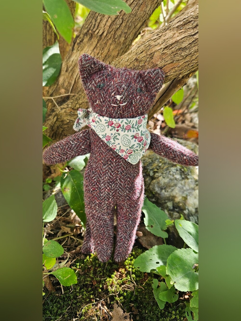 Handmade Tweed Cat Doll with Floral Bandana